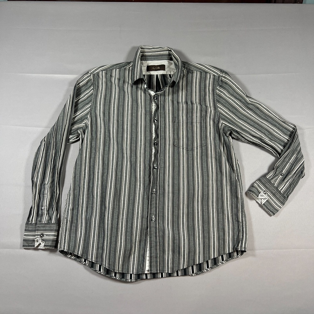 Tasso Elba Dress Shirt Mens Large Black White Striped Cotton Button Up Formal